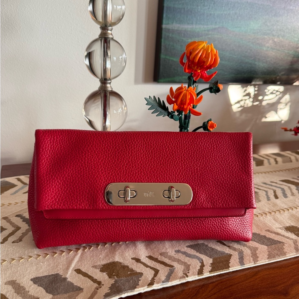 Coach Swagger Clutch Red!! beautiful pebbled leather with chain strap.